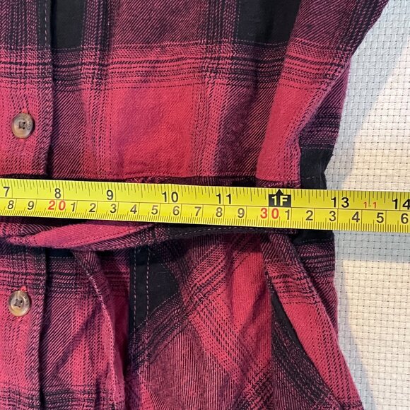 Columbia Red Plaid Flannel Shirt Dress Belted Roll Tab Sleeves Pockets Sz Small - Picture 10 of 13